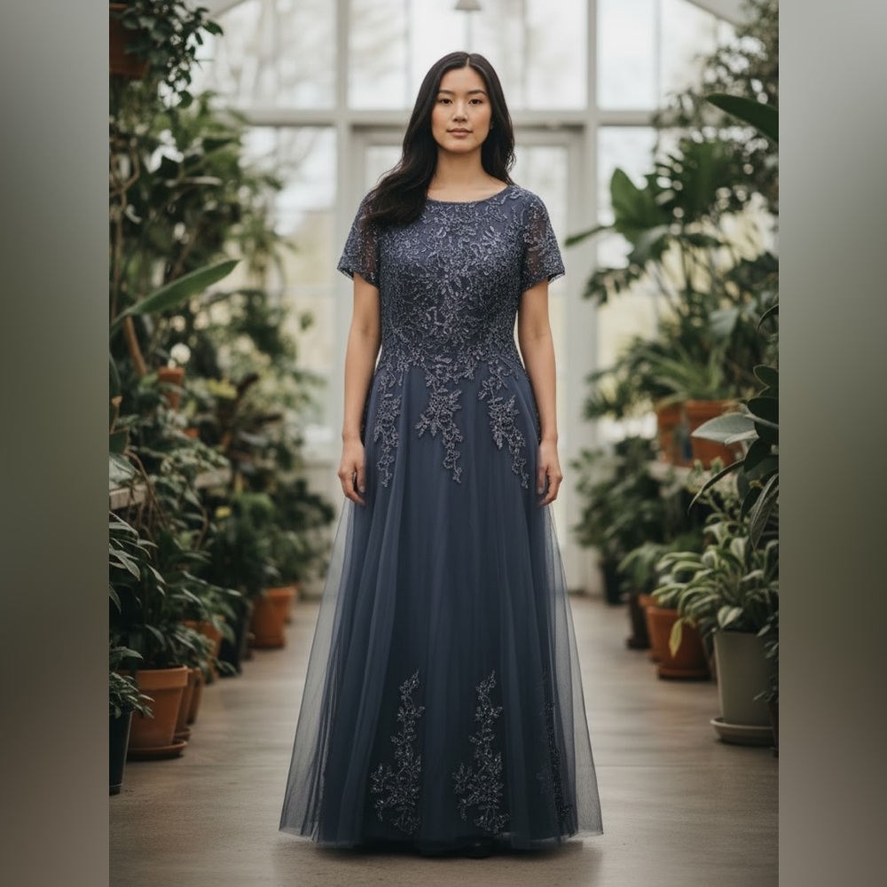 Elegant Slate Blue/Gray Lace Evening Gown